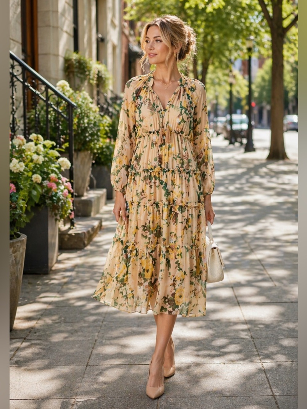 New OPT Selena Dress Beige Floral Chiffon Sheer Midi Dress